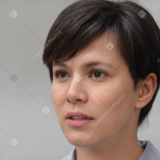 Neutral white young-adult female with short  brown hair and brown eyes