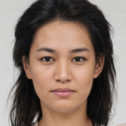 Neutral asian young-adult female with medium  brown hair and brown eyes