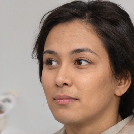 Neutral asian young-adult female with medium  brown hair and brown eyes