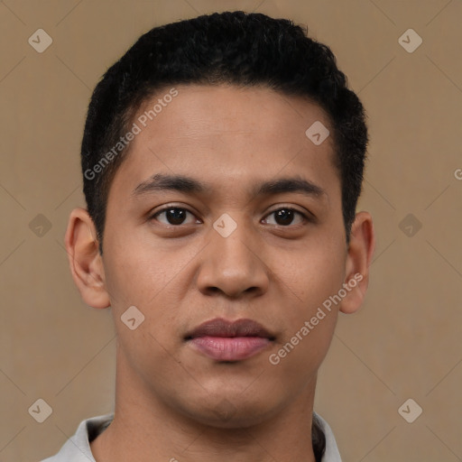 Joyful latino young-adult male with short  brown hair and brown eyes