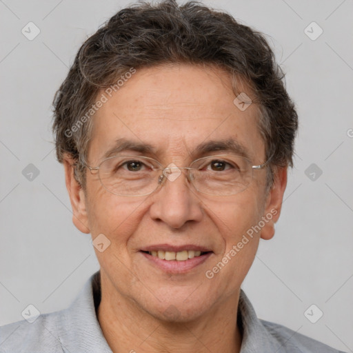 Joyful white middle-aged male with short  brown hair and brown eyes