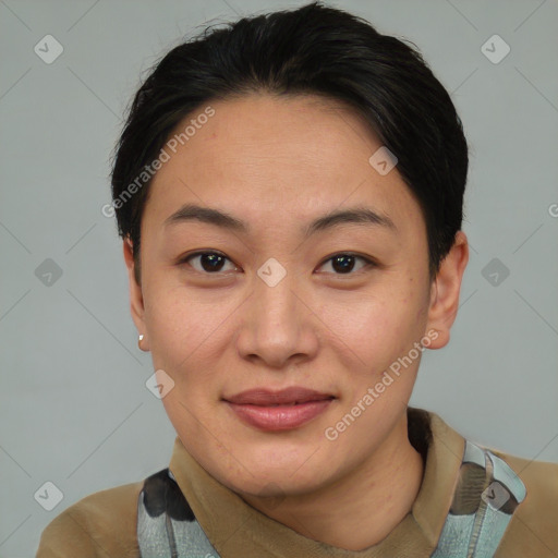 Joyful asian young-adult female with short  brown hair and brown eyes