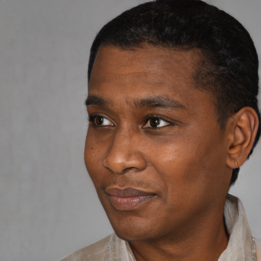 Neutral black adult male with short  black hair and brown eyes