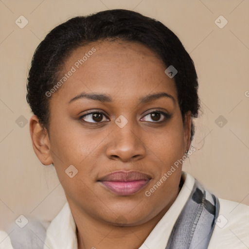 Joyful black young-adult female with short  brown hair and brown eyes