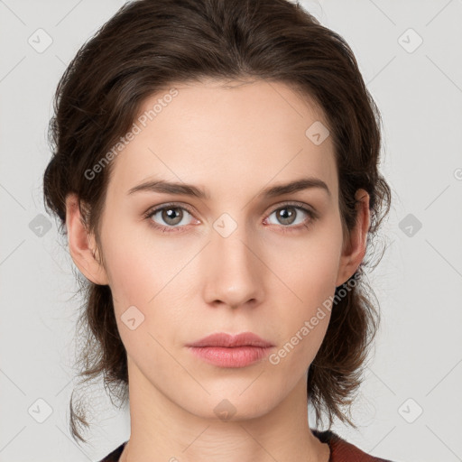 Neutral white young-adult female with medium  brown hair and grey eyes