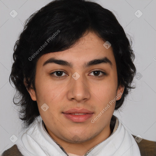 Neutral latino young-adult female with medium  black hair and brown eyes