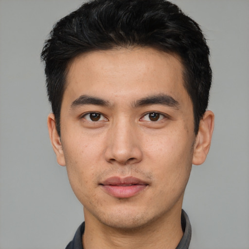 Neutral asian young-adult male with short  black hair and brown eyes