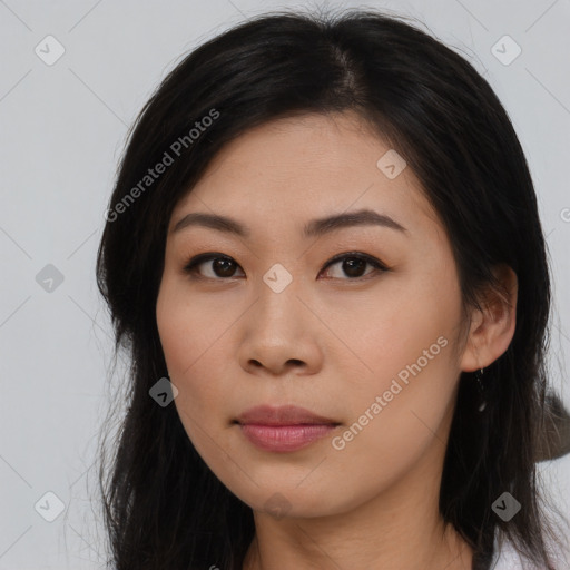 Neutral asian young-adult female with long  brown hair and brown eyes