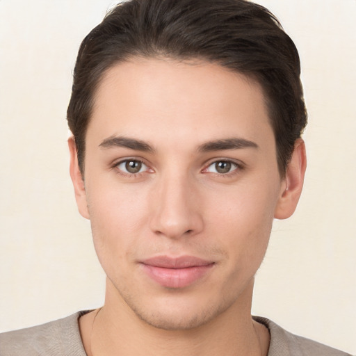 Neutral white young-adult male with short  brown hair and brown eyes