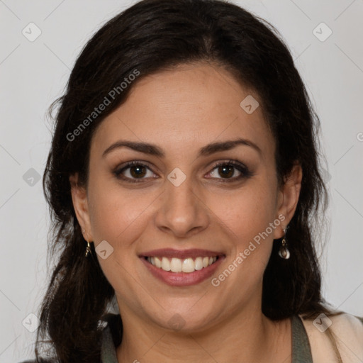 Joyful white young-adult female with long  brown hair and brown eyes