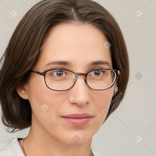 Neutral white young-adult female with medium  brown hair and brown eyes