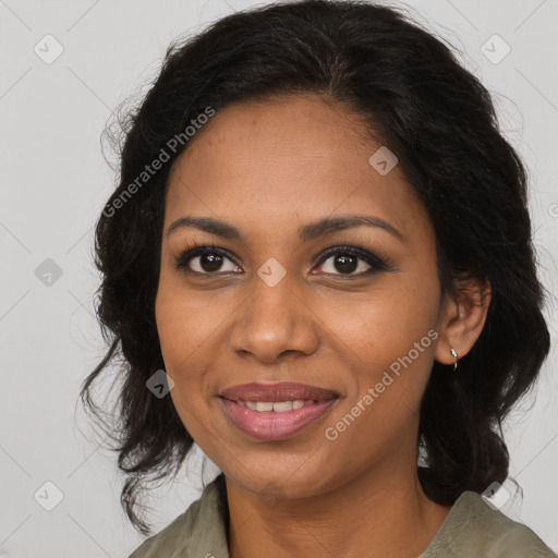 Joyful black young-adult female with medium  brown hair and brown eyes