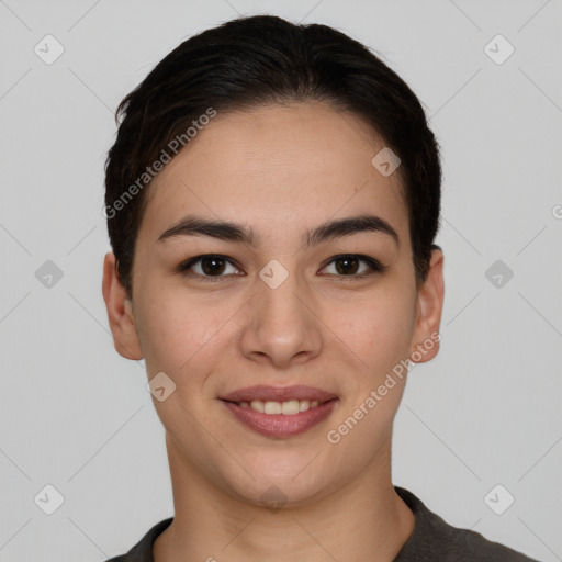 Joyful white young-adult female with short  brown hair and brown eyes