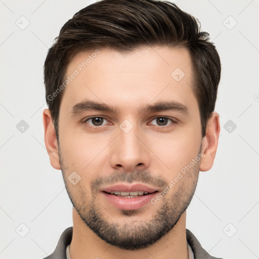 Joyful white young-adult male with short  brown hair and brown eyes