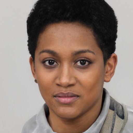 Neutral black young-adult female with short  black hair and brown eyes