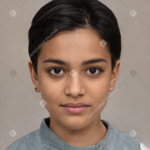 Joyful latino young-adult female with short  brown hair and brown eyes