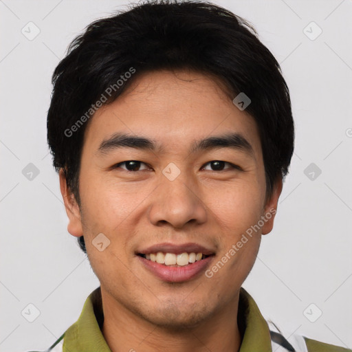 Joyful white young-adult male with short  black hair and brown eyes