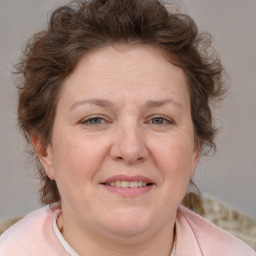 Joyful white adult female with medium  brown hair and blue eyes