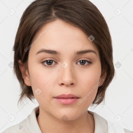 Neutral white young-adult female with medium  brown hair and brown eyes