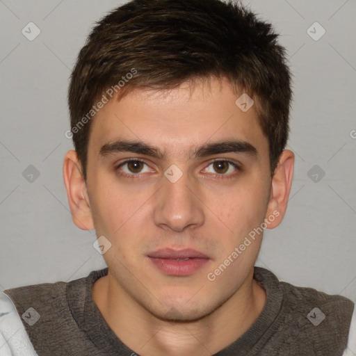 Neutral white young-adult male with short  brown hair and brown eyes