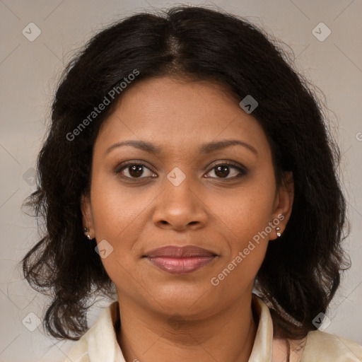 Joyful black young-adult female with medium  brown hair and brown eyes