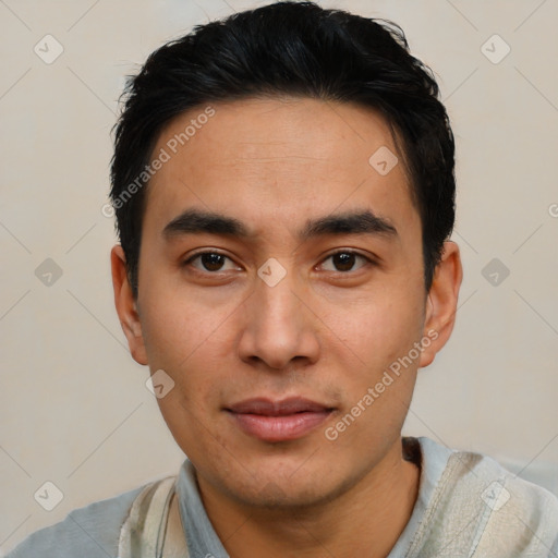 Neutral asian young-adult male with short  black hair and brown eyes