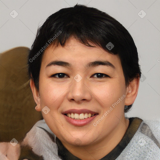 Joyful asian young-adult female with medium  black hair and brown eyes