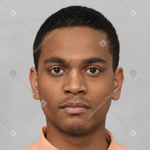 Neutral latino young-adult male with short  black hair and brown eyes