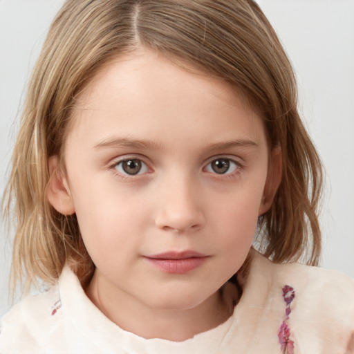 Neutral white child female with medium  brown hair and grey eyes