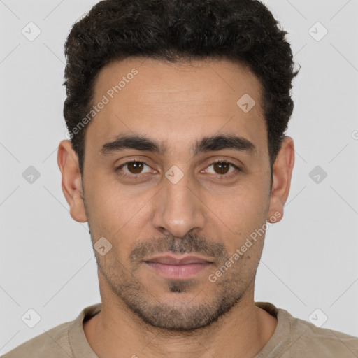 Neutral white young-adult male with short  black hair and brown eyes