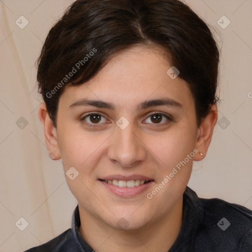 Joyful white young-adult female with medium  brown hair and brown eyes