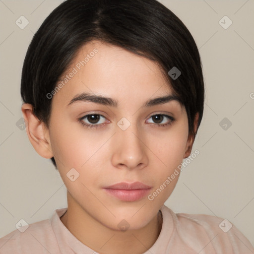 Neutral white young-adult female with short  brown hair and brown eyes