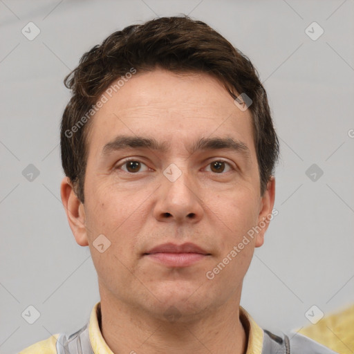 Neutral white adult male with short  brown hair and brown eyes