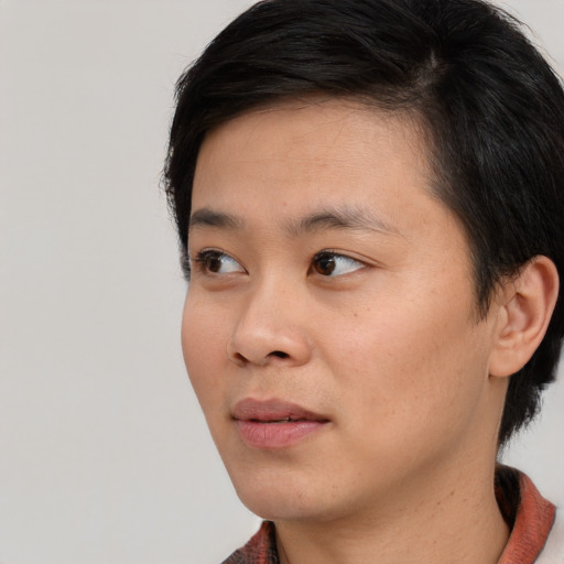 Neutral asian young-adult male with short  black hair and brown eyes