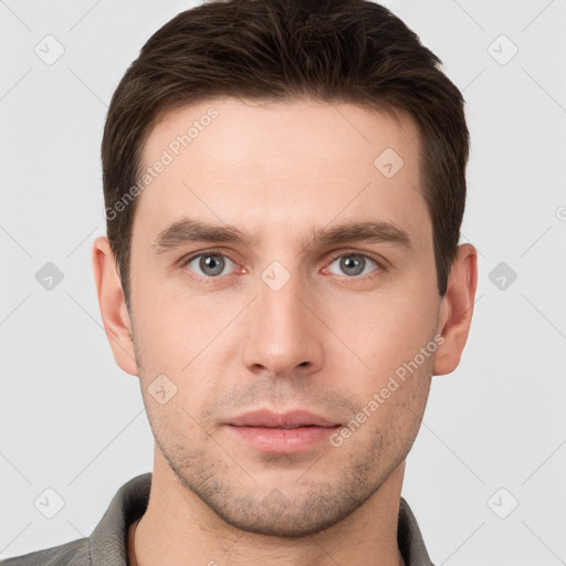 Neutral white young-adult male with short  brown hair and brown eyes