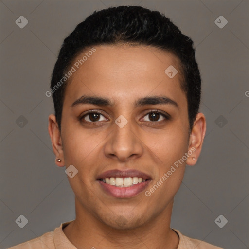 Joyful latino young-adult male with short  black hair and brown eyes