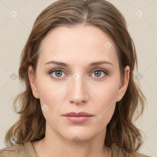 Neutral white young-adult female with medium  brown hair and grey eyes