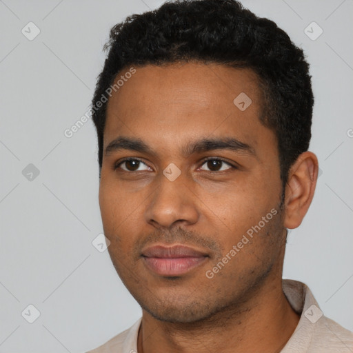 Neutral black young-adult male with short  black hair and brown eyes