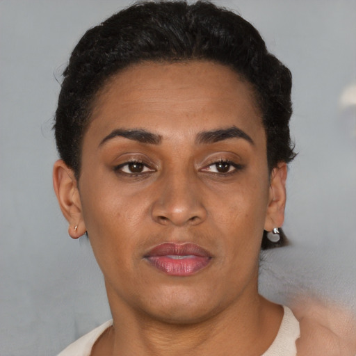 Joyful latino young-adult female with short  brown hair and brown eyes