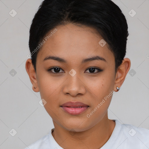 Joyful latino young-adult female with short  black hair and brown eyes