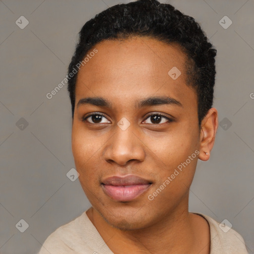 Joyful black young-adult male with short  black hair and brown eyes