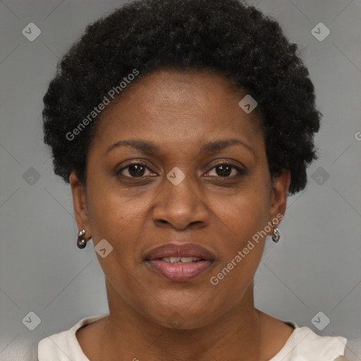 Joyful black adult female with short  brown hair and brown eyes