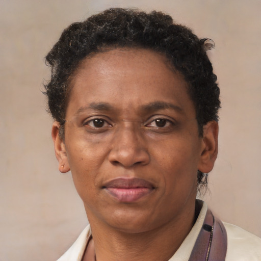 Neutral black adult female with short  brown hair and brown eyes