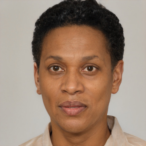 Neutral latino adult female with short  black hair and brown eyes
