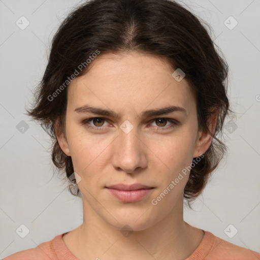 Neutral white young-adult female with medium  brown hair and brown eyes