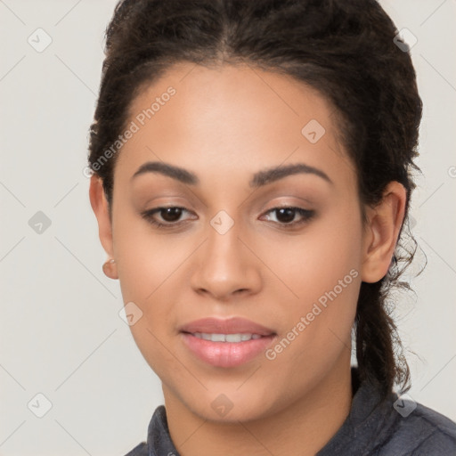 Joyful white young-adult female with long  black hair and brown eyes