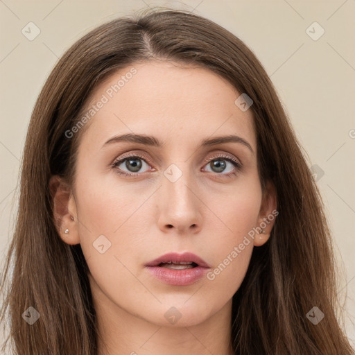 Neutral white young-adult female with long  brown hair and grey eyes