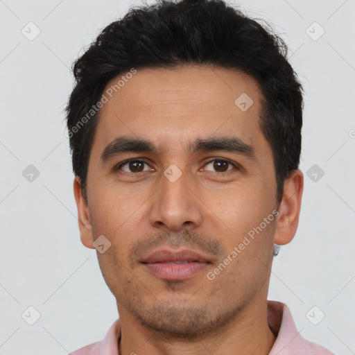 Neutral latino young-adult male with short  black hair and brown eyes