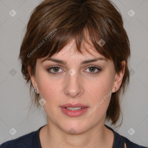 Neutral white young-adult female with medium  brown hair and brown eyes