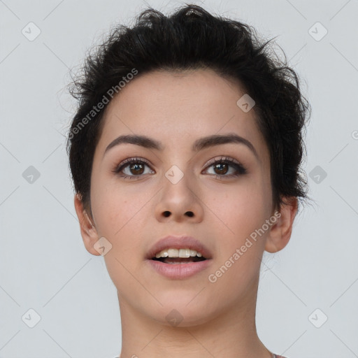 Neutral asian young-adult female with short  brown hair and brown eyes